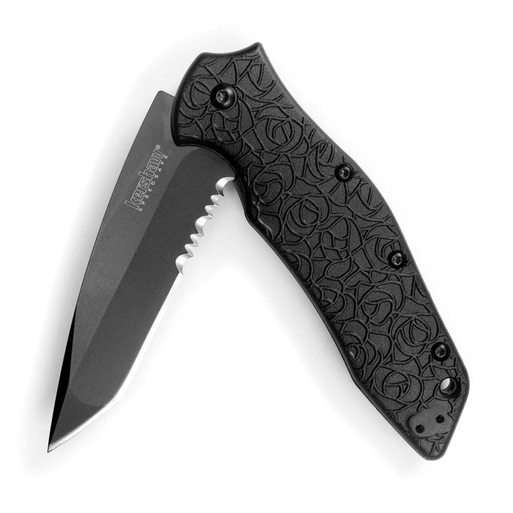 Kershaw Kuro (1835TBLKST), Partially Serrated 3.1” 8Cr13MoV Stainless Steel Blade with Black-Oxide Coating and Glass-Filled Nylon Handle, SpeedSafe Assisted Opening With Flipper, 3.2 oz.