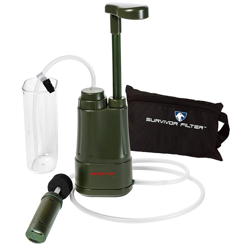 Survivor Filter PRO 0.01 Micron Water Purifier Pump. Emergency and Camping Survival Gear. 3-Stage Nanofiltration Water Filter - 2 Separate 100,000L Membrane UF Filters that Can Be Cleaned and a Replaceable Carbon Filter. Also Comes With an Attachable Water Cup, Extended Hoses, Hose Clip and a Free Zippered Carrying Case