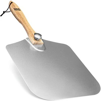 OUII Aluminum Pizza Peel Metal - 12 x 14 Inch. Pizza Spatula for Oven with Foldable Wood Handle. Pizza Oven Accessories and Pizza Tools. Pizza Turning Peel, Bread Peel, Pastry, Dough, Cake Spatula