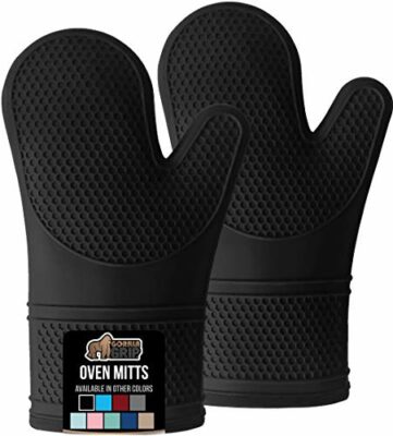 Gorilla Grip Heat and Slip Resistant Silicone Oven Mitts Set, Soft Cotton Lining, Waterproof, BPA-Free, Long Flexible Thick Gloves for Cooking, BBQ, Kitchen Mitt Potholders, Sets of 2, 12.5 in, Black 
