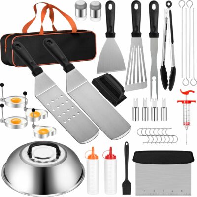 Flat Top Grill Accessories, 37pcs Blackstone Griddle Accessories Kit For Camp Chef, BBQ Grilling Gifts For Men Women, Professional Griddle Tools Kit With Enlarged Spatula, Scraper Basting Cover