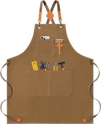 Riqiaqia Chef Apron for Women Men, Cotton Canvas Cross Back Apron with Adjustable Strap and Large Pockets (browm)