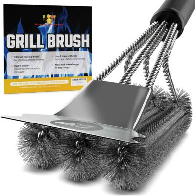 KP Grill Brush for Outdoor Grill – 3 in 1 BBQ Brush for Grill Cleaning & Grill Scraper w/Smart Grip Handle- Effortless Grill Cleaner Brush Grill Accessories +Bonus Metal Hanger & 3 Recipe eBooks