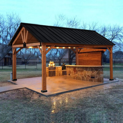 11 x 13 Wood Framed Hardtop Gazebo with Metal Roof and Ceiling Hook
