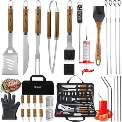 grilljoy 30PCS BBQ Grill Tools Set with Thermometer and Meat Injector. Extra Thick Stainless Steel Fork, Tongs& Spatula - Complete Grilling Accessories in Portable Bag - Perfect Grill Gifts for Men