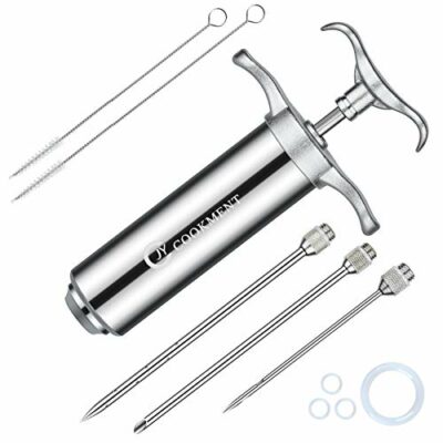 JY COOKMENT Meat Injector Syringe 2-oz Marinade Flavor Barrel 304 Stainless Steel with 3 Professional Needles 2 Cleaning Brushes and 4 Silicone O-Rings
