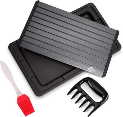 BeChef Defrosting Tray | 16"x10"x6MM Extra Large Thawing Plate | With drip tray, silicone basting brush, shredding claw