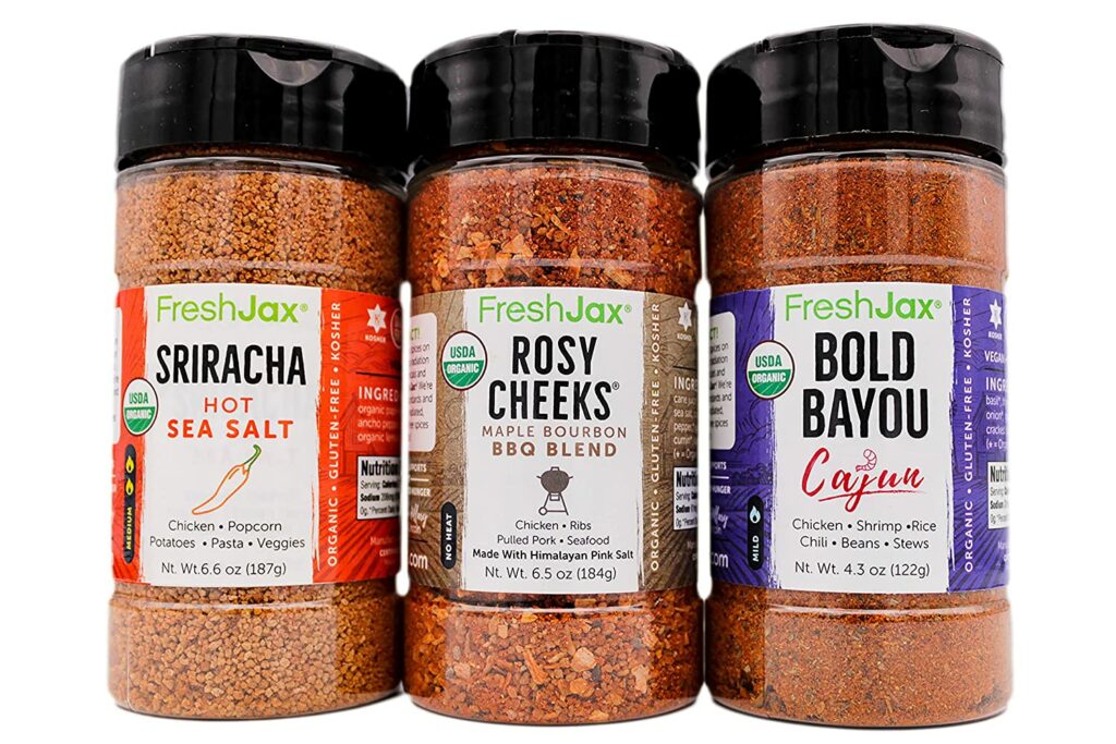 FreshJax Organic Grilling Spice Gift Set for Pork: Sriracha, Rosy Cheeks BBQ, Bold Bayou Cajun Seasoning (3 pack) - Gift Box Included