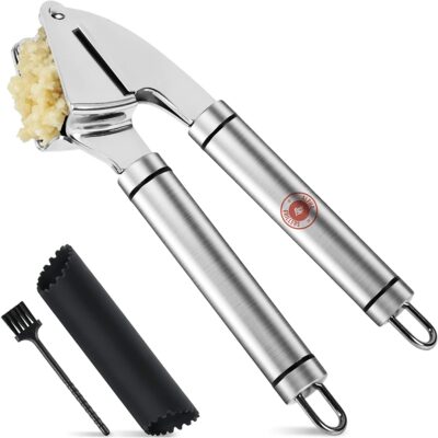 Alpha Grillers Garlic Press Stainless Steel Mincer and Crusher with Silicone Roller Peeler. Rust Proof, Easy Squeeze, Dishwasher Safe, Easy Clean