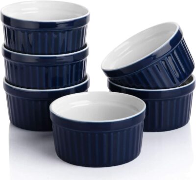 Samsle Porcelain Ramekins 4 oz Oven Safe, Classic Round Ceramic Small Bowls Baking for Creme Brulee, Navy Blue Mini Souffle Dish for Dessert Dipping Sauce Cups, Set of 6