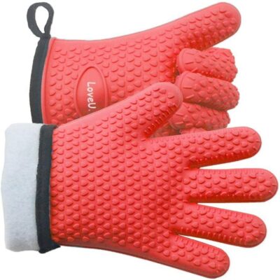 Loveuing Kitchen Oven Gloves - Silicone and Cotton Double-Layer Heat Resistant Oven Mitts /BBQ Gloves /Grill Gloves - Perfect for Baking and Grilling - 1 Pair (One Size Fits Most, Red)