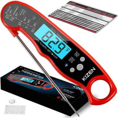 KIZEN Digital Meat Thermometer with Probe - Waterproof, Kitchen Instant Read Food Thermometer for Cooking, Baking, Liquids, Candy, Grilling BBQ & Air Fryer - Red/Black