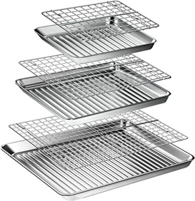 Baking Sheet with Rack Set (3 Pans + 3 Racks), Stainless Steel Cookie Sheet with Cooling Rack For Oven, AIKKIL Nonstick Baking Pan, Warp Resistant & Heavy Duty & Easy Clean, Dishwasher Safe