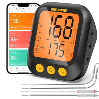 Rock&Rocker Wireless Meat Thermometer, Up to 500Ft Bluetooth Grill Thermometer with 4 Preise Probes, Up to 6 Probe Channels, Remote Temp Monitoring, Smart Alert, Thermometer for Grilling/Oven/Smoker