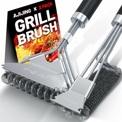 AJIJING Grill Brush and Scraper,2 Pack BBQ Grill Cleaning Brush 18" Stainless Steel Wire Bristle BBQ Grill Cleaner Brush Scraper Accessories for Gas Grill Weber Charcoal Porcelain Ceramic Iron Grill