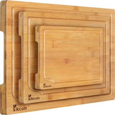 Bamboo Cutting Board, 3-Piece Kitchen Chopping Board with Juice Groove and Handles Heavy Duty Serving Tray Wood Butcher Block and Wooden Carving Board,Large,Kikcoin 