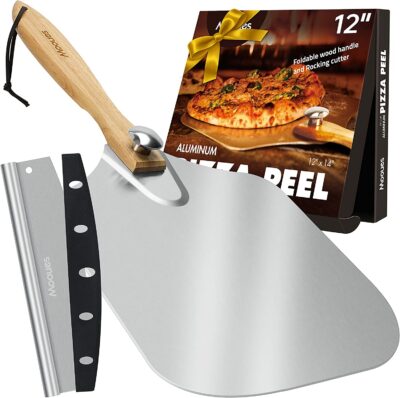Pizza Peel Aluminum Pizza Spatula, Mooues 12 inch Metal Pizza Paddle with Rocker Cutter Foldable Wood Handle, [Storage bag included], for Family Pizza Oven Baking Pizza, Dough, Bread & Pastry 12"x 14"