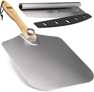 OUII Pizza Peel Aluminum Metal Pizza Paddle - 12 x 14 inch. Pizza Cutter Rocker 14'' Blade Pizza Spatula for Pizza Stone, Pizza Oven Accessories. Pastry, Dough, Bread Peel and Rocker Knife Pizza Tools