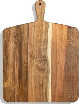 Acacia Wood Cutting Board and Chopping Board with Handle for Meat, Cheese Board, Vegetables, Bread, and Charcuterie - Decorative Wooden Serving Board for Kitchen and Dining Room, Large 17” x 13”