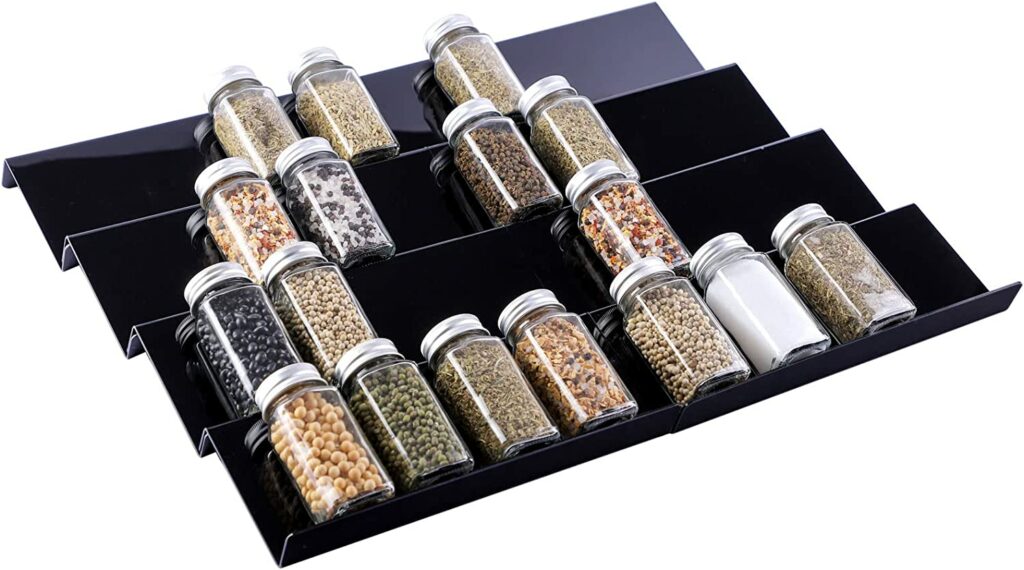 Yakaly Black Acrylic Spice Drawer Organizer, Expandable 11" to 22" - 4 Tier Slanted Drawer Seasoning Jars Rack Hold up 60 Jars, Adjustable In Drawer Spice Tray for Kitchen Cabinet Drawer/Countertop