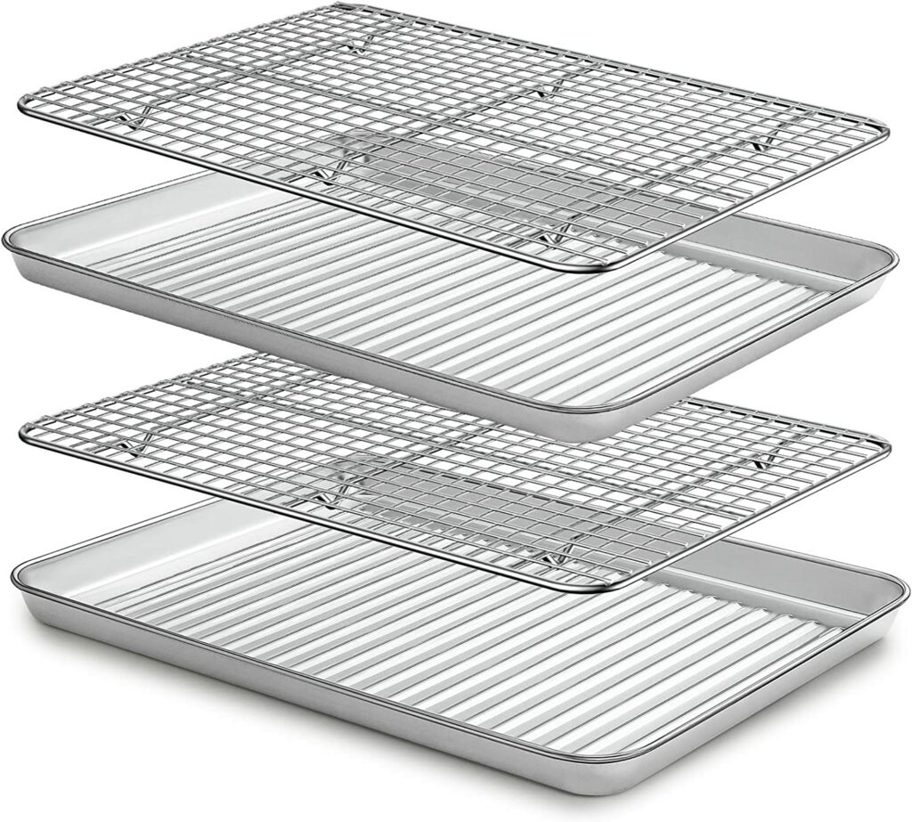 Baking Sheet with Cooling Rack Set(2 Pans+2 Racks) 17'', Terlulu Stainless Steel Baking Pan with Wire Rack, Heavy Duty Half Sheet Pan&Bacon Rack for Oven Cooking, Cookie Sheet, 17.1 x 12.2 x 1.1 Inch
