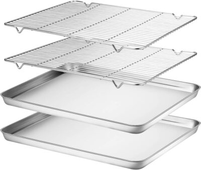 Wildone Baking Sheet & Rack Set [2 Sheets + 2 Racks], Stainless Steel Cookie Pan with Cooling Rack, Size 17.3 x 12.2 x 1 Inch, Non Toxic & Heavy Duty & Easy Clean
