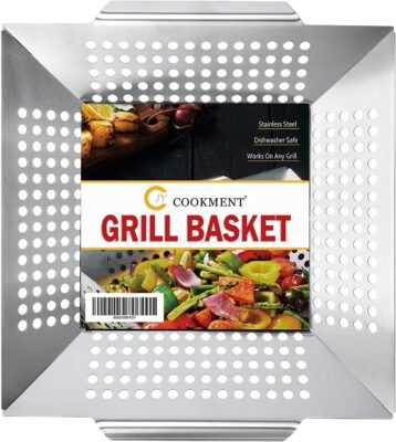 JY COOKMENT Grill Basket- Stainless Steel Grilling Basket for Indoor and Outdoor Use, Heavy Duty Vegetables Grill Basket for Veggies and Kabob, Suitable for All Grills, Dishwasher Safe 