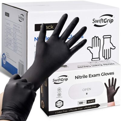 SwiftGrip Disposable Nitrile Exam Gloves, 3-mil, Black Nitrile Gloves Disposable Latex Free for Medical, Cooking & Esthetician, Food-Safe Rubber Gloves, Powder Free, Non-Sterile, 100-ct Box (Medium)