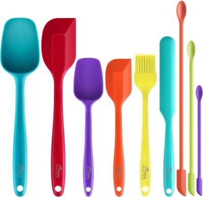 HOTEC Silicone Spatula Set Kitchen Utensils for Baking Cooking Mixing Heat Resistant Non Stick Cookware Food Grade BPA Free Dishwasher Safe (Multi-Color) Set of 9