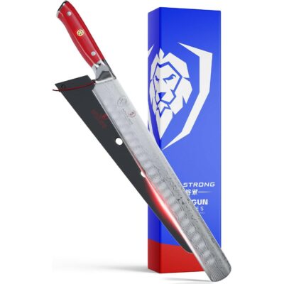 Dalstrong Slicing Carving Knife - 12 inch Granton Edge - Shogun Series - Damascus - Japanese AUS-10V Super Steel Kitchen Knife - Vacuum Treated - Crimson Red ABS Handle - Razor Sharp Knife - w/Sheath