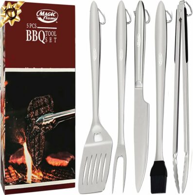 MAGIC FLAME 5PC Grill Tools Set - 18" Heavy Duty BBQ Accessories with Spatula, Fork, Knife, Brush, BBQ Tongs - Ideal Gift for Men - Stainless Steel Extra Long Barbeque Grilling Accessories for Outdoor\