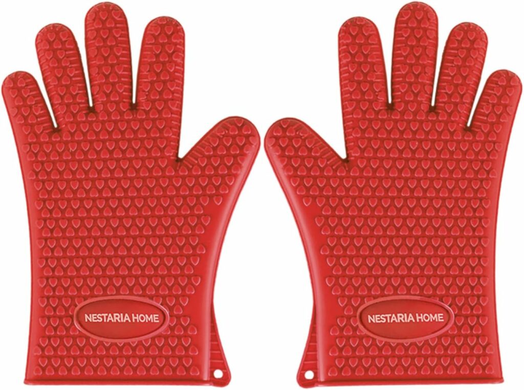 NestariaHome BBQ Gloves, 350°F Heat Resistant Silicone Gloves, Non-Slip Oven Gloves for Cooking, Baking and Barbecue(Red)