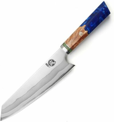 MITSUMOTO SAKARI 8 inch Japanese Kiritsuke Chef Knife, Hand Forged 67 Layers 440C Damascus Steel Kitchen Knives, Professional Meat Sushi Chef's Knife (Blue Pomegranate Handle & Gift Box)