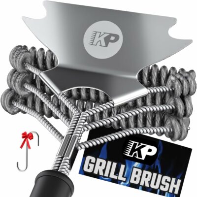 KP Grill Brush for Outdoor Grill–3 in 1 Safe Grill Cleaner Brush & Grill Scraper –No Bristles BBQ Brush w/Smart Grip Handle & Metal Hanger– BBQ Grill Brush Bristle Free Grill Accessories +3 eBooks