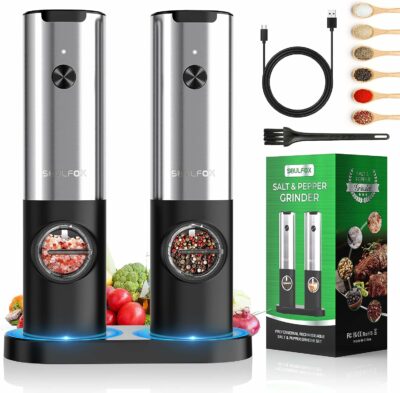 SoulFox Electric Salt and Pepper Grinder Set with USB Rechargeable - No Battery Needed - One Handed Operation - White Light - Adjustable Coarseness Automatic Electronic Spice Mill Shakers Refillable