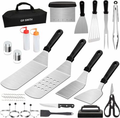 GR Smith - Grill Accessories Set for BBQ - Stainless Steel Grilling Utensils - Spatula Scraper Tongs Cooking Utensils Carrying Bag Kit - Kitchen & Outdoor Camping Griddle Tool - Easy Clean -32 Pcs 