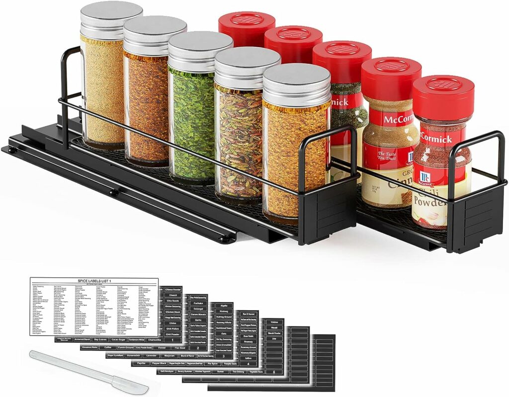 SpaceAid Pull Out Spice Rack Organizer for Cabinet, Heavy Duty Slide Out Seasoning Kitchen Organizer, Cabinet Organizer, with Labels and Chalk Marker, 5.2" W x10.8 D x4 H, 2 Drawers 1-Tier