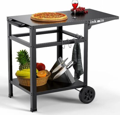 Inkmin Outdoor Dining Cart Double-Shelf Movable Table Stainless Steel Pizza Oven Trolley BBQ Stand Commercial Multifunctional Kitchen Food Prep Worktable