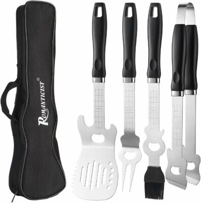 ROMANTICIST 5PCS Guitar Style Heavy Duty Grill Tool Set - Stainless Steel BBQ Tools Including Spatula, Fork, Tongs, Basting Brush and Storage Bag in Unique Guitar Shape - Perfect Grill Gift Choice