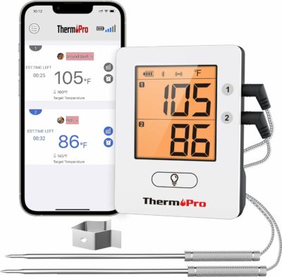 ThermoPro TP910 650FT Bluetooth Meat Thermometer for Smokers, Rechargeable Wireless Meat Thermometer for Grilling with 2 Probes, Grill BBQ Thermometer with Smart Timer, Alarm, Cook Time Estimator