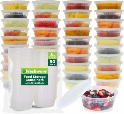 Freshware Food Storage Containers [50 Set] 8 oz Plastic Deli Containers with Lids, Slime, Soup, Meal Prep Containers | BPA Free | Stackable | Leakproof | Microwave/Dishwasher/Freezer Safe