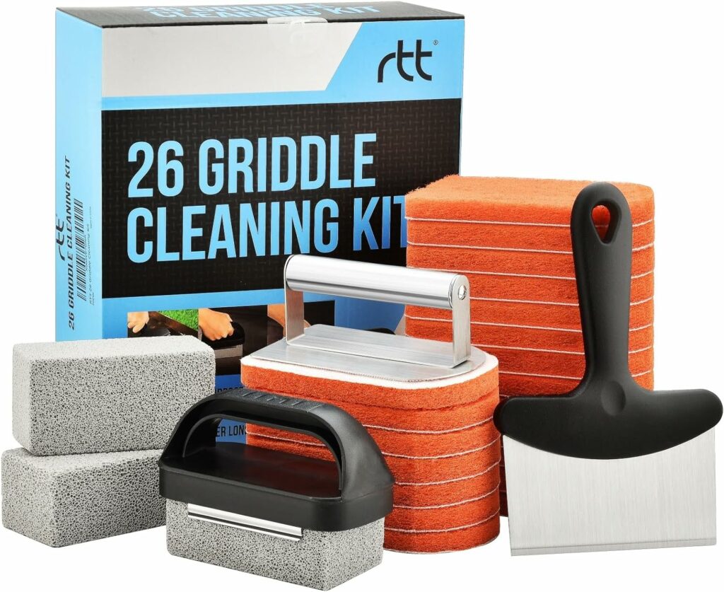 RTT Griddle Cleaning Kit for Blackstone 26 Pieces - Heavy Duty Grill Cleaner Kit with Grill Stone, Griddle Scraper, & Griddle Brush with Stainless Steel Handle - Easy to Use Flat Top Cleaning Kit