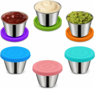 6Pack 2.4oz Small Condiment Containers with Lids, Salad Dressing Container To Go, Stainless Steel Sauce Silicone Leakproof, Reusable, Dipping Cups Lids 