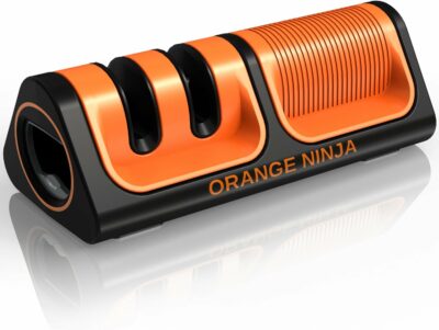 Orange Ninja Mini Knife Sharpener - Coarse & Fine Manual Knife Sharpener, Knife Sharpening System- Knife Sharpeners for Kitchen Knives, Kitchen Knife Sharpener with Bottle Opener & Fridge Attachment
