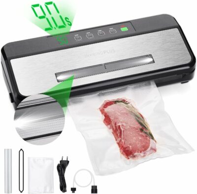 INKBIRD Food Vacuum Sealer Machine, Sealing-Time Countdown& Viewable Window, Built-in Cutter and Roll Storage(Up to 20ft), One-Touch Moist Modes for Seasoned Meat, Starter Kit with Bag*5, Roll*1