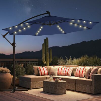 HOMSHADE 10ft Solar Lights Offset Cantilever Patio Umbrella - w/Light, LED Lighted Offset Hanging Patio Outdoor Market Umbrella UPF50+ UV Protection with Easy Tilt and Crank (Navy)